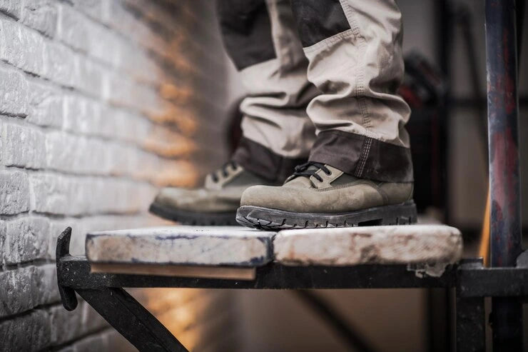 photo d'un gros plan sur une chaussure de sécurité sur chantier