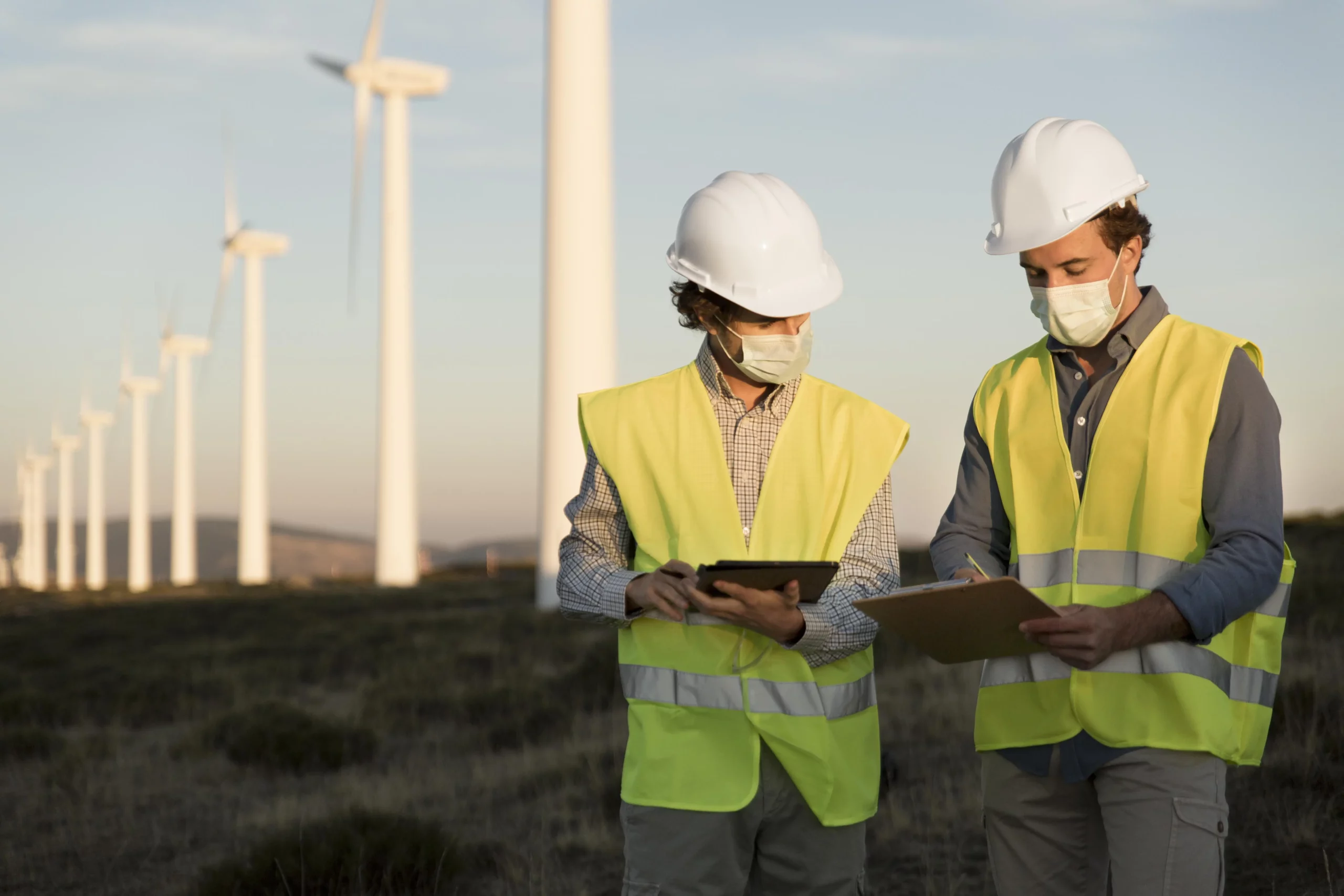 deux personne entrain de discuter par rapport a un document et il sont munis de plusieurs EPI dont des gilet jaune et un casque de protection